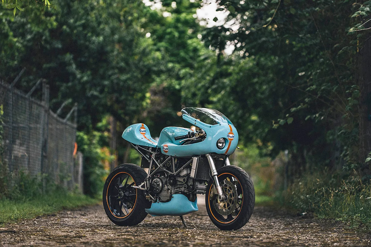 Gulf Racing Ducati 748 photographed three-quarter on a tree-lined lane